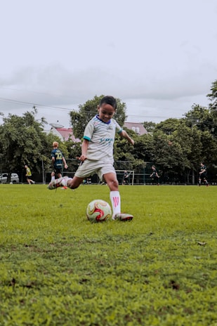 a person kicking a soccer ball on a field