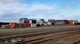 Stacks of colorful shipping containers at a busy logistics hub with cranes in motion.