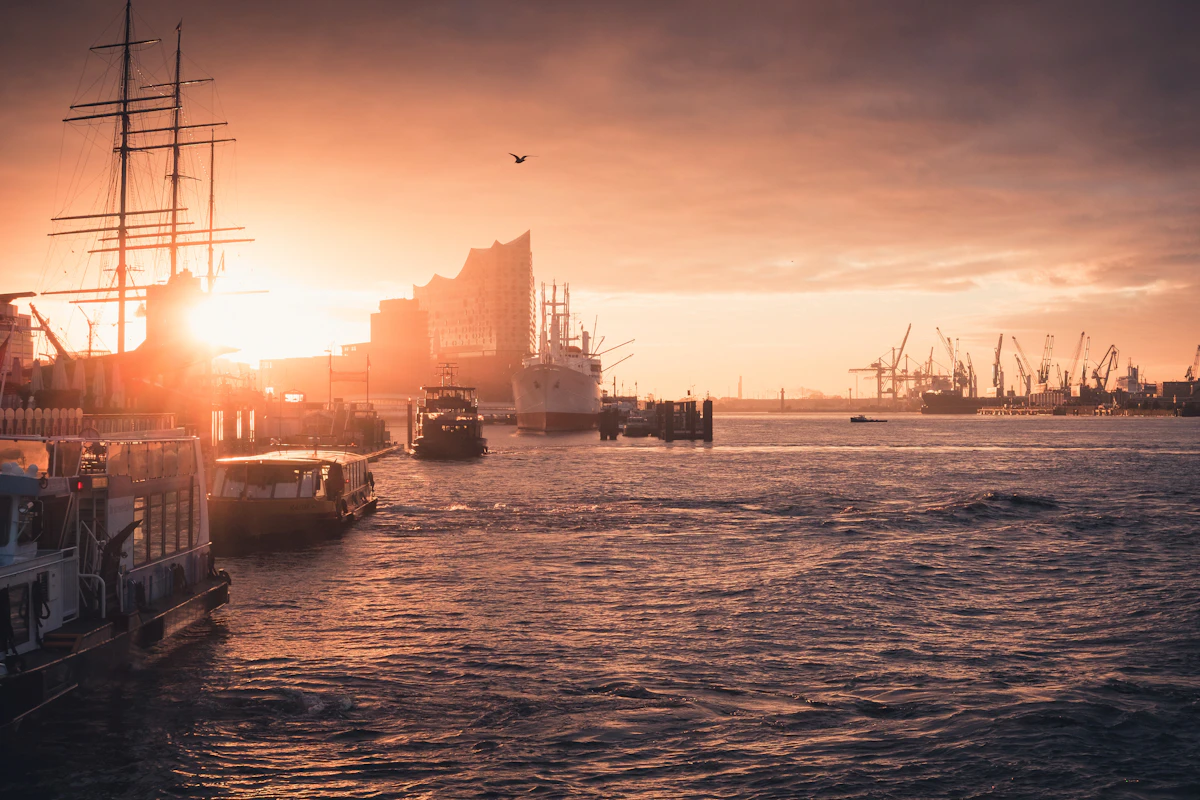 Cranes and quaysides along the harbour at Hamburg