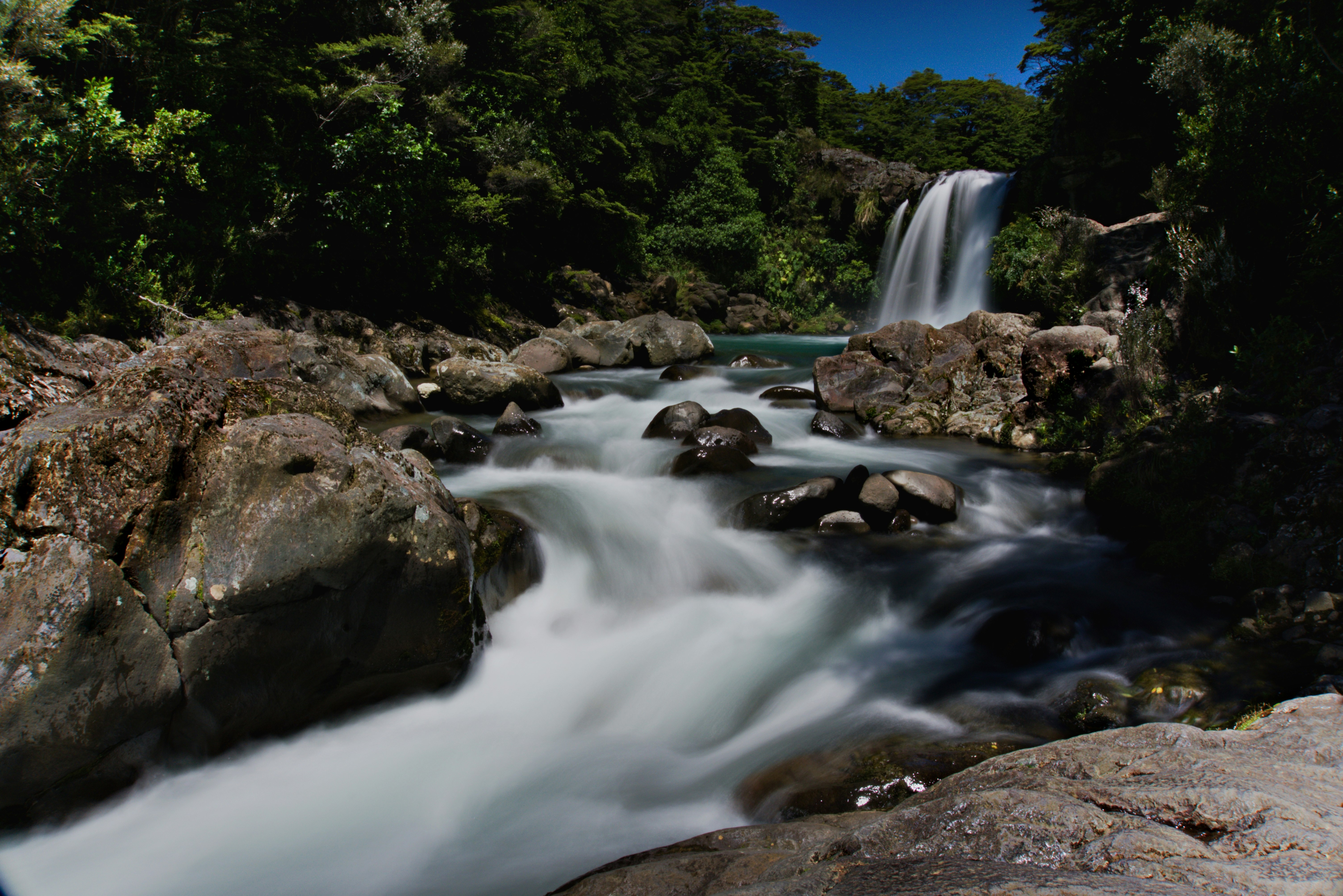 water falls between green trees during daytime