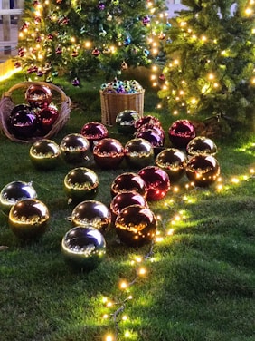 A festive winter scene with twinkling lights and decorated Christmas trees.