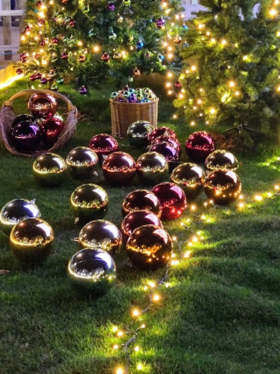 A festive winter scene with twinkling lights and decorated Christmas trees.