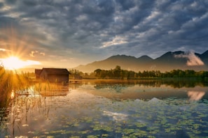 A serene lakeside scene at sunrise, featuring a wooden cabin on the water's edge with lush reeds in the foreground. The sky is partly cloudy with the sun's rays casting a warm glow over the mountains and lake in the background. Lily pads float gently on the water, reflecting the soft morning light.