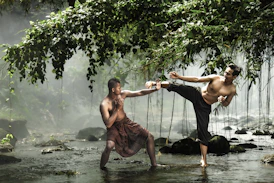 A serene early morning training session with practitioners practicing flowing palm strikes near misty mountain temples.