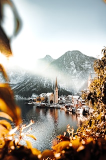 brown and white houses near body of water and mountain during daytime
