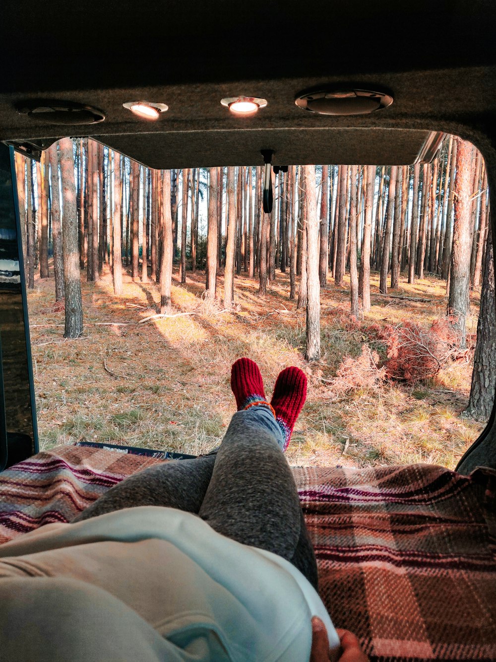 person lying on red and white hammock