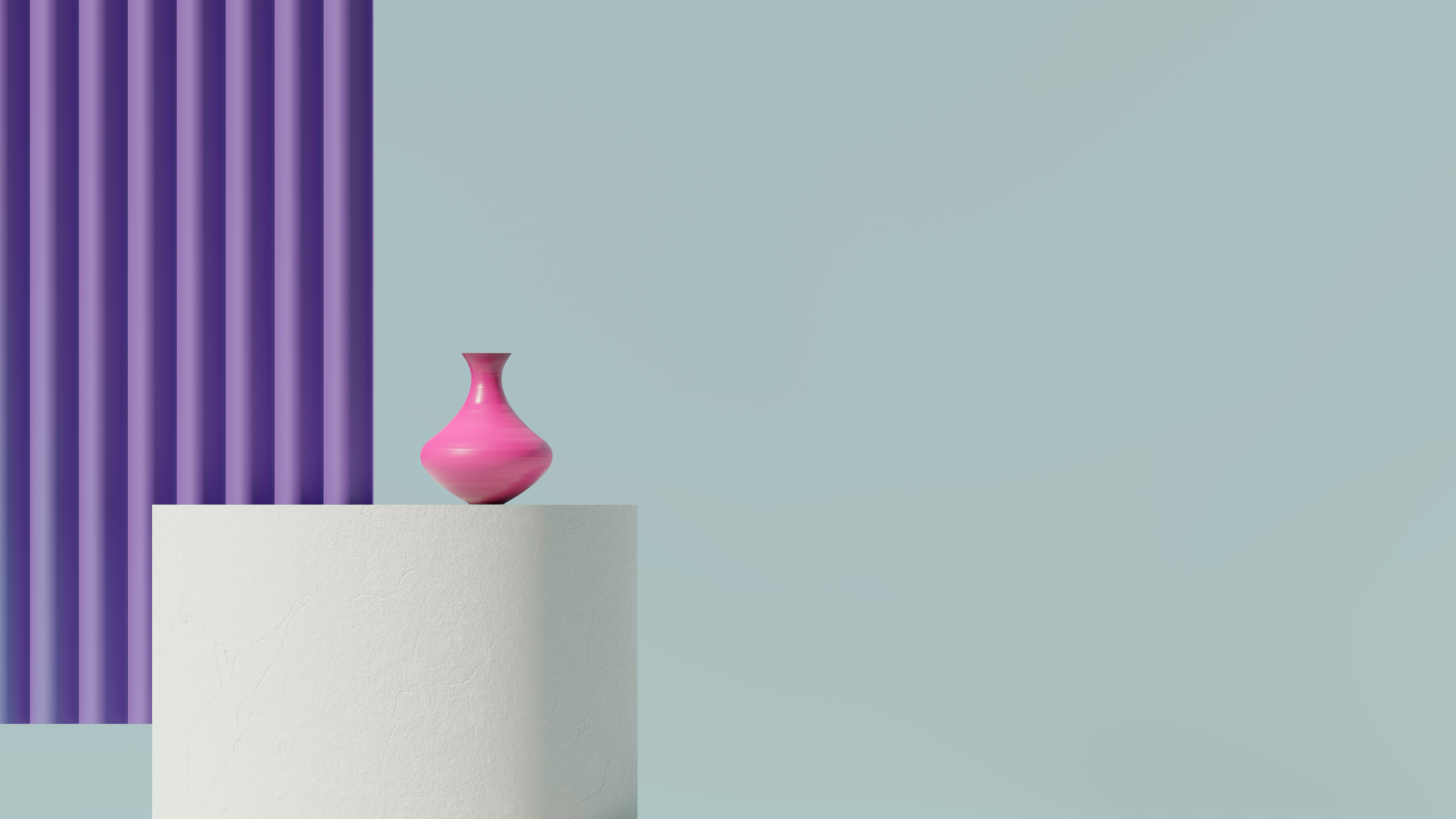 3d rendering. Podium with pink vase and purple curtain. Background with copy-space.