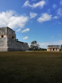 Ancient stone structures stand on a grassy field under a bright blue sky with scattered white clouds. There are two main buildings, one larger with detailed stone carvings and another smaller in the background.