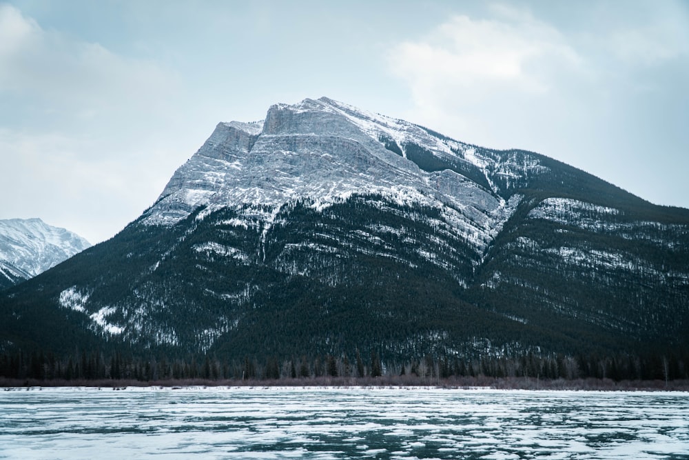 snow covered mountain near body of water during daytime