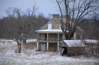 brown wooden house near bare trees during daytime