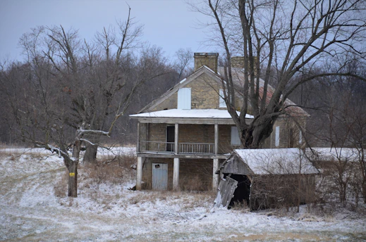 brown wooden house near bare trees during daytime