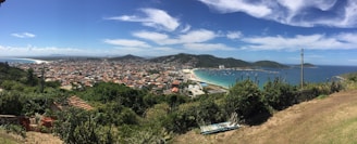 A panoramic view of a coastal urban area with green parks and clear water.