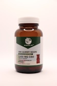 A brown glass bottle with a white cap contains CBD gummy bears. The label indicates THC-free broad-spectrum extract with 1350 mg of CBD. The flavor is delightful watermelon, and there are 30 gummies per bottle.