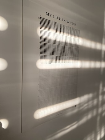 A poster is mounted on a wall, featuring a grid layout titled 'My Life in Weeks'. The grid consists of numerous small squares, organized in rows and columns. Sunlight filters through blinds, creating a striped pattern of light and shadow across the poster and wall, adding a dynamic and textured look to the scene.