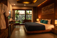 Spacious master bedroom with plush bedding and navy blue accents.