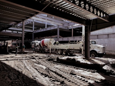 A construction site with workers and machinery in action.