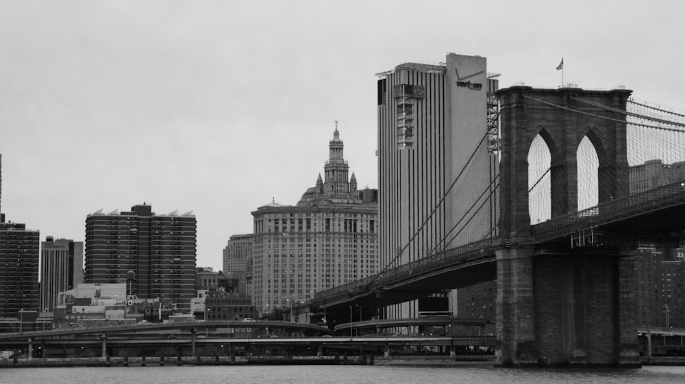 grayscale photo of brooklyn bridge