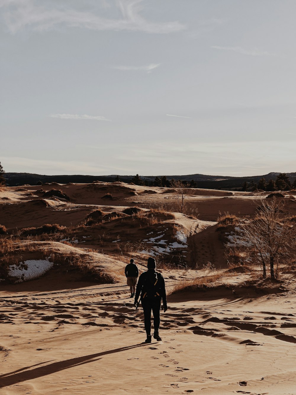 Person in schwarzer Jacke, die tagsüber auf braunem Sand spazieren geht