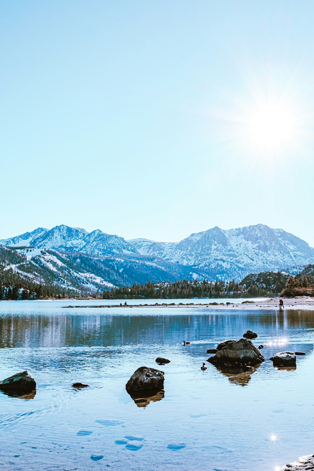 Lago vicino alla montagna sotto il cielo bianco durante il giorno