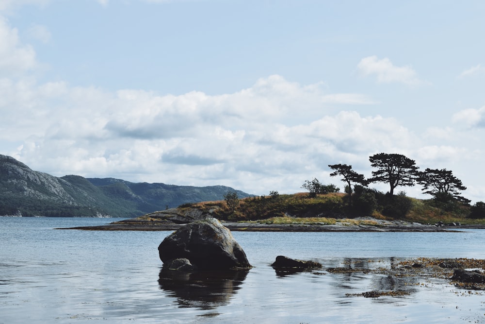 black rock formation on body of water during daytime