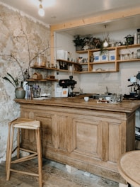 Cozy rustic interior of a small Brazilian snack bar with fresh ingredients displayed.