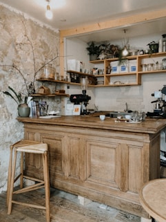 Cozy rustic interior of a small Brazilian snack bar with fresh ingredients displayed.