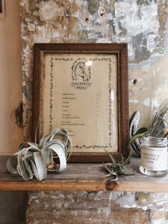 A rustic interior setting featuring a framed menu titled 'Dreamini Man', placed against a textured, peeling wall. The menu lists various coffee options. On the shelf, there's a glass jar labeled 'Apricot & Verjuice Jam' and some decorative green plants with a light grayish hue, possibly air plants.