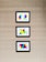 Three framed abstract artworks featuring bright geometric shapes are mounted on a textured wall with horizontal lines. Each artwork is unique, comprising colorful elements such as circles, rectangles, and lines in various vibrant colors like neon pink, blue, yellow, and green.