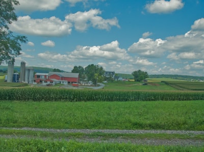 A wide expanse of farmland with a red barn and silos in the center, surrounded by green fields of crops and bordered by trees. The sky is bright blue, dotted with fluffy white clouds.