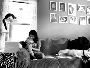 A cozy reading nook with a dog care ebook open on a tablet beside a relaxed dog.