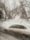 A foggy glass surface partially obscures the view of a car outside, while the blurred silhouettes of bare tree branches are visible in the background.