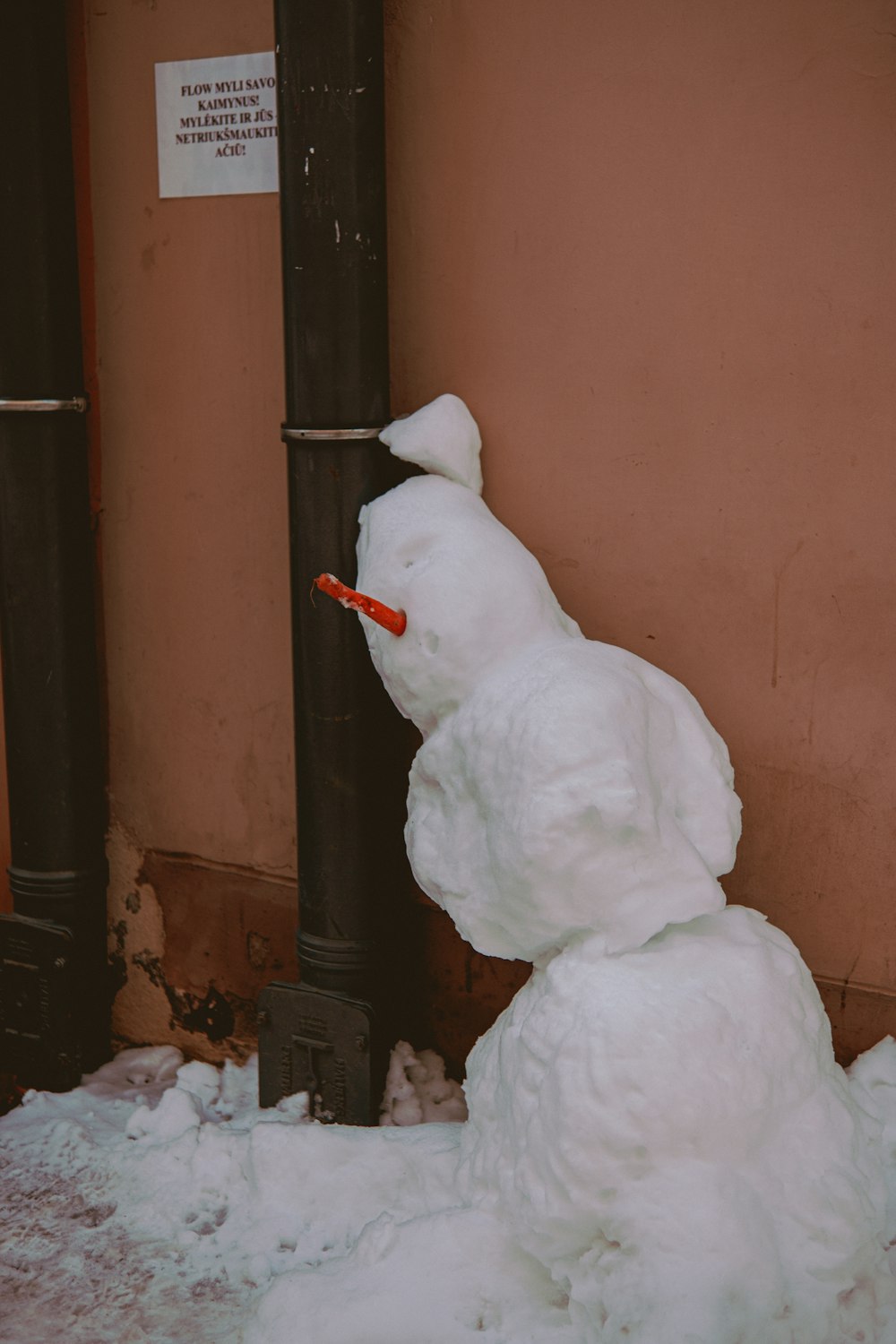 white snowman near brown wooden door