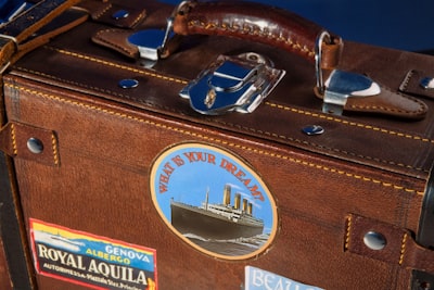 brown leather bag on brown wooden table voyage teams background