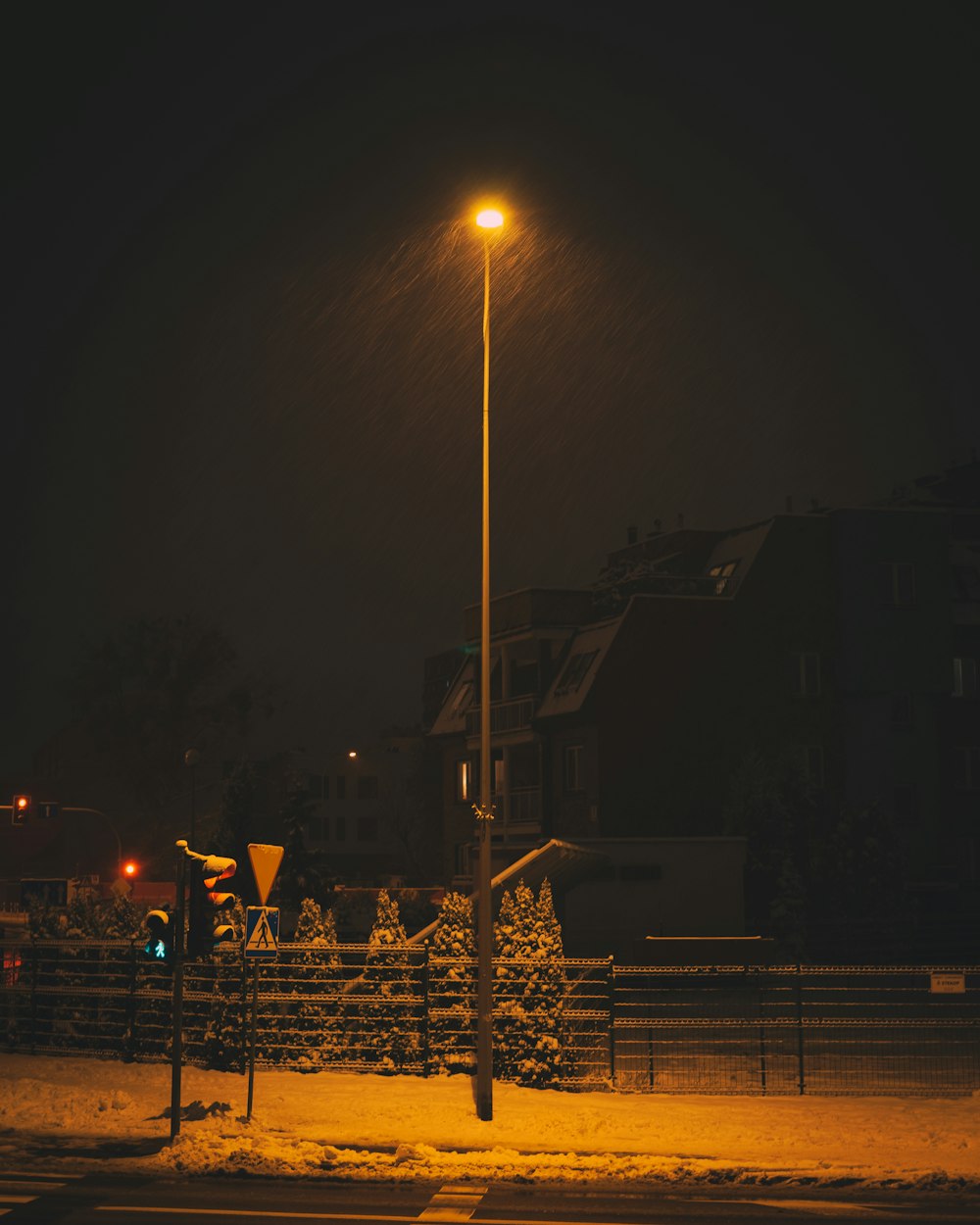 Weißer Lichtmast in der Nähe von braunem Holzhaus während der Nacht
