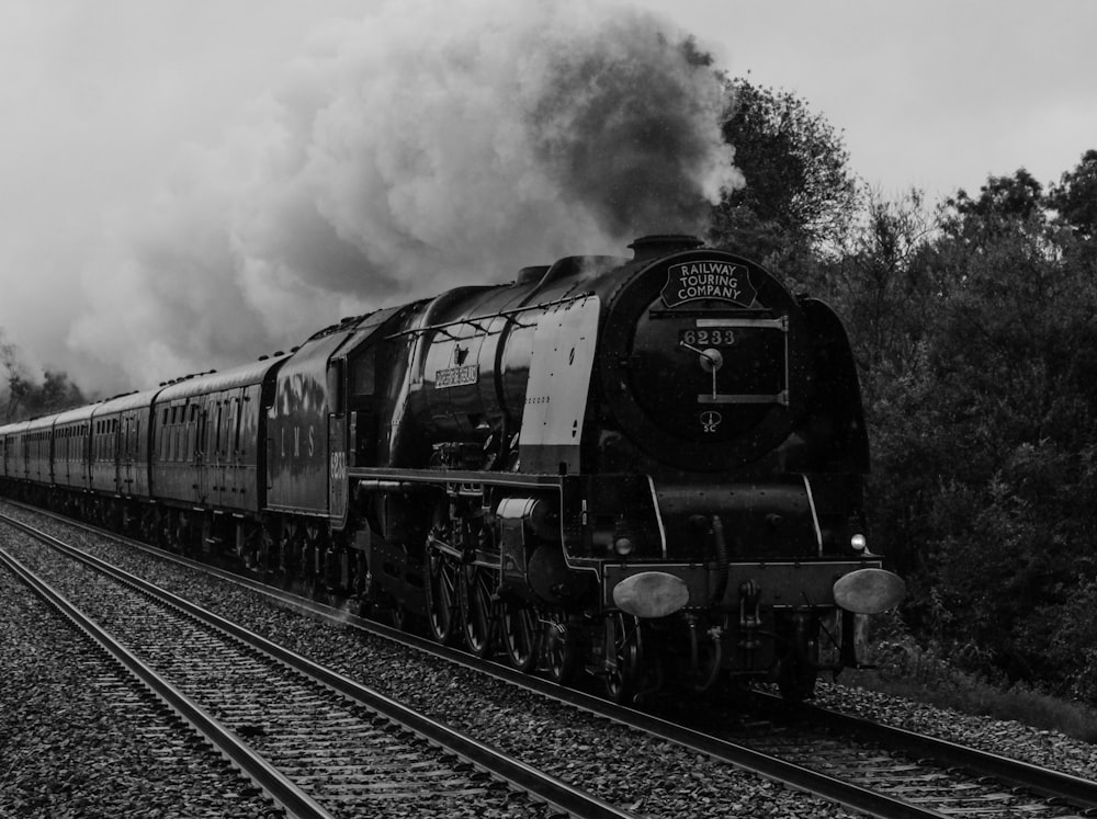 grayscale photo of train on rail tracks