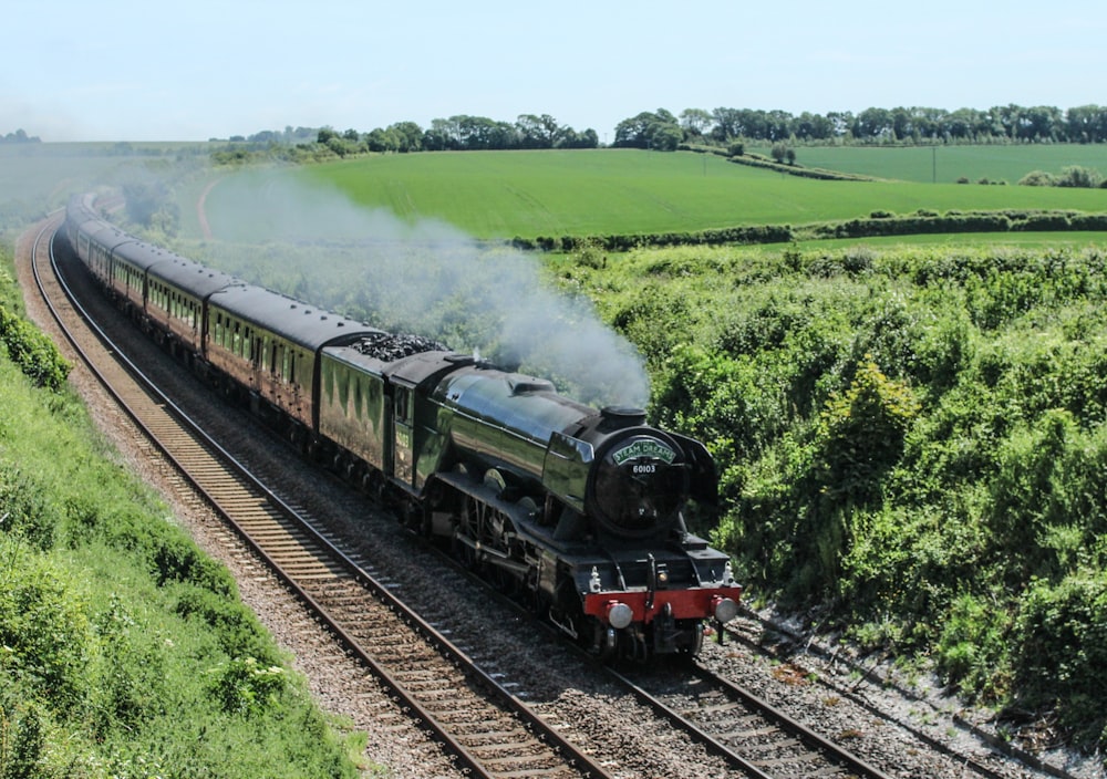 black and red train on rail tracks during daytime