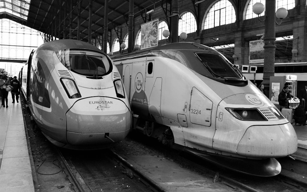 grayscale photo of white train