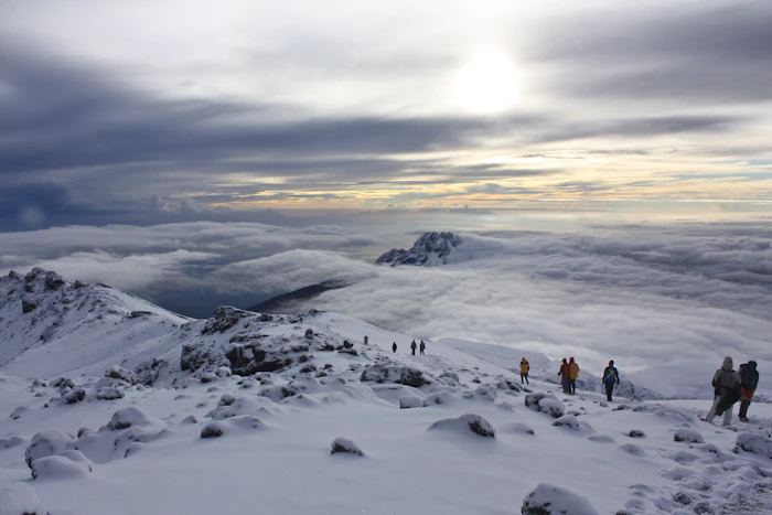 Climbers on the snow-covered upper slopes of Kilimanjaro