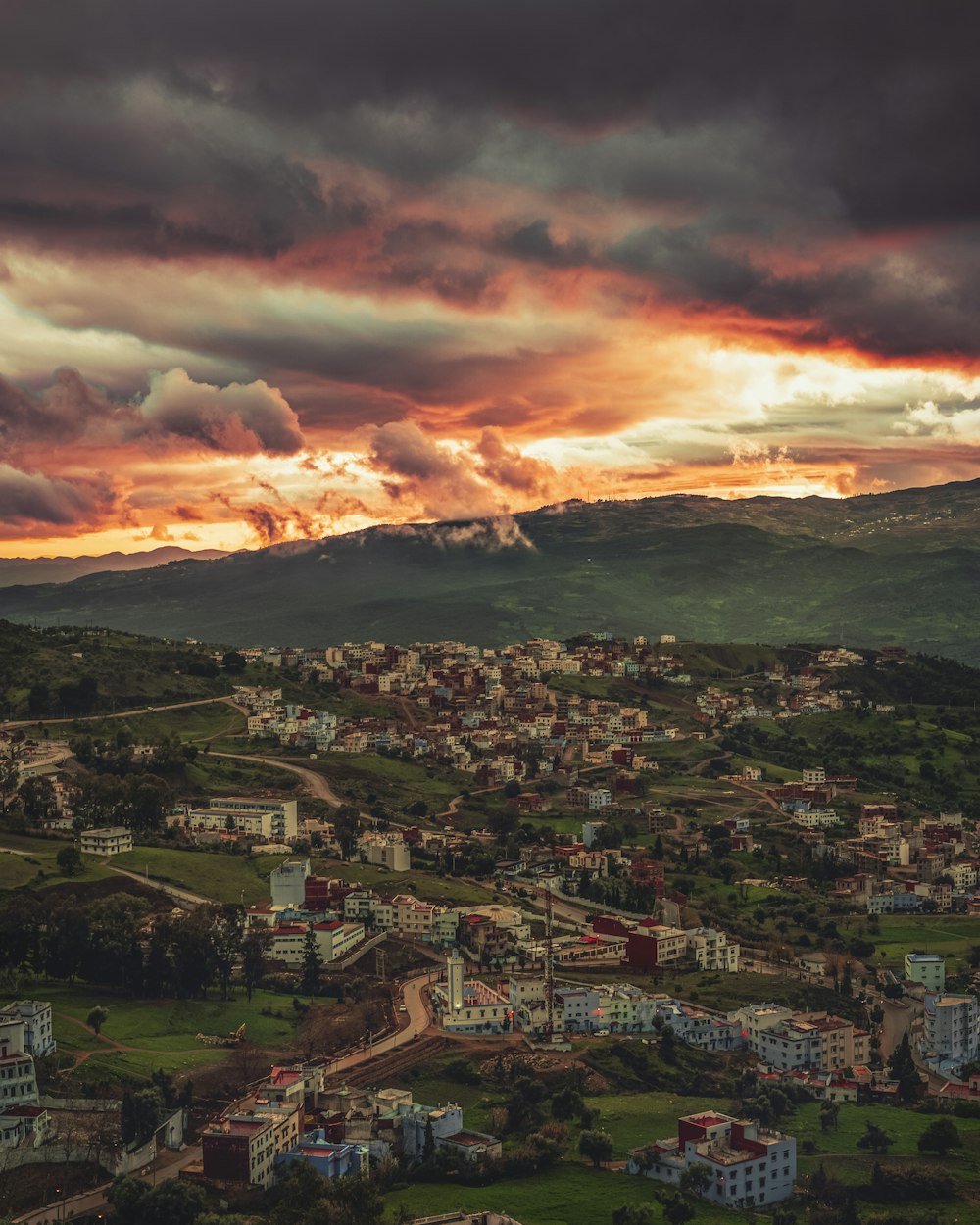 aerial view of city during sunset