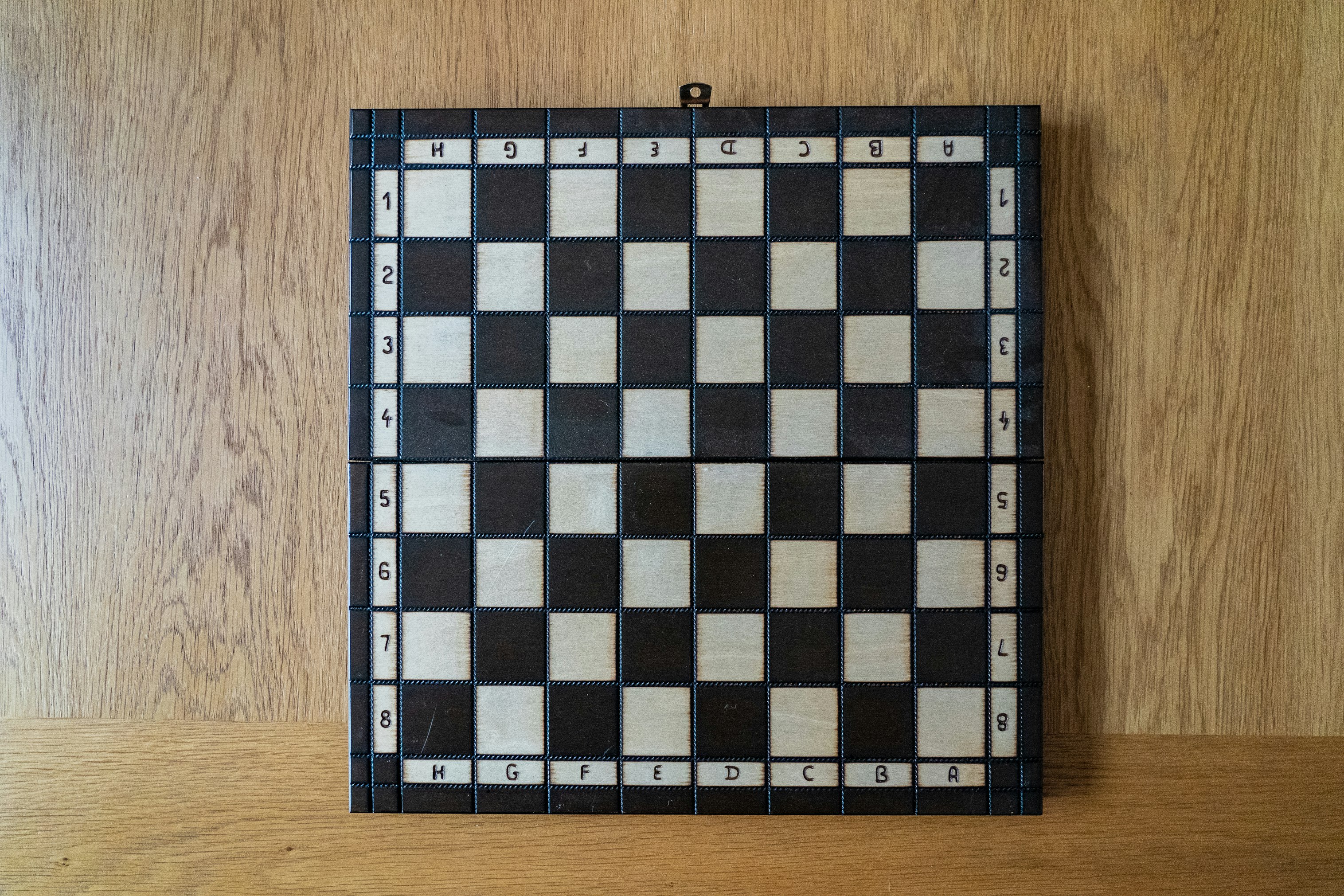 A black and white chessboard, taken from above.