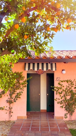 A charming house facade with peach-colored walls and a tiled roof is partially shaded by a citrus tree laden with ripe oranges. The door is flanked by ivy-clad walls and a striped awning, with a classic porch light beside the entrance.