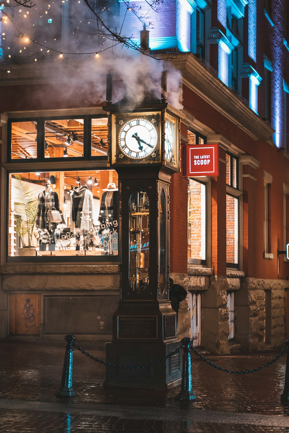 Steam clock at night in Gastown, Vancouver, British Columbia