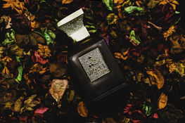 Elegant black and gold packaging displayed alongside fresh herbs and flowers on a dark surface.