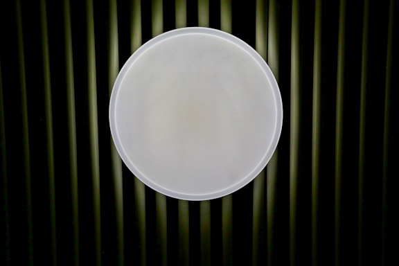A large, circular white light fixture is centered against a background of vertically aligned dark green slats.