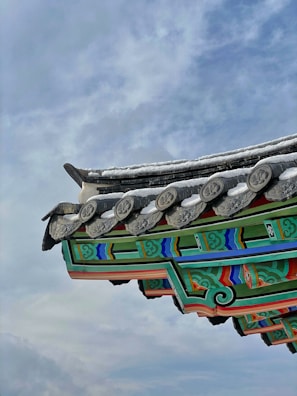 A traditional architectural roof with intricate designs is depicted, featuring colorful patterns in green, blue, red, and black. The roof is adorned with decorative tiles and carvings, all set against a backdrop of a cloudy sky.