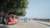 A red tourist train is parked along a tree-lined road near a waterfront. People are walking, riding bicycles, and enjoying the scenic view. The walkway is shaded by large trees on one side and bordered by a railing on the other. The sky is clear and the surrounding environment is bright and lively.