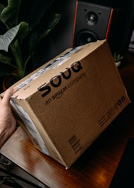 brown and black cardboard box