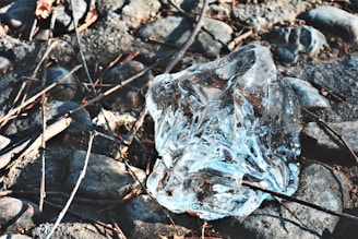 A clear block of ice lies on a rough surface of uneven, gray stones. Dry twigs are scattered across the stones, adding a natural texture. The ice captures sunlight, creating reflections and highlighting its transparent quality.