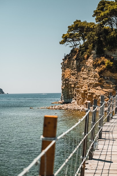 brown wooden fence on brown rock formation near body of water during daytime