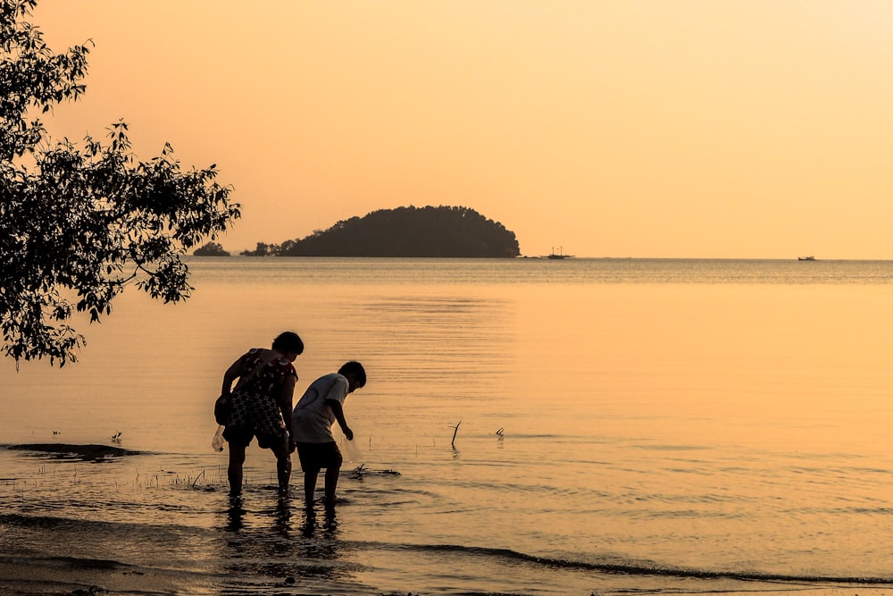 silhouette of 2 men standing on beach during sunset